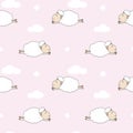 Cute sheep sleeping and cloud seamless pattern on pink background