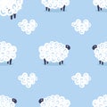 Cute sheep vector seamless pattern kids sweet dreams illustration on blue background. Baby shower background. Child