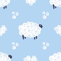 Cute sheep vector seamless pattern kids sweet dreams illustration on blue background. Baby shower background. Child