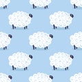 Cute sheep vector seamless pattern kids sweet dreams illustration on blue background. Baby shower background. Child