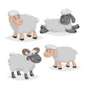 Cute sheeps and rams in various poses. Cartoon style farm animals. Slleeping and standing animals. Best for kid education. Vector