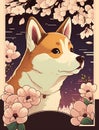 retro art of cute shiba inu dog using cool glasses with sakura flowers petals Royalty Free Stock Photo