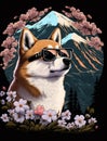 retro art of cute shiba inu dog using cool glasses with sakura petals and mountain fuji