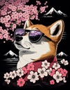 retro art of cute shiba inu dog using cool glasses with sakura petals and mountain fuji