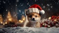 A cute Shiba Inu dog wearing a red Santa Claus hat, Christmas. Generative AI