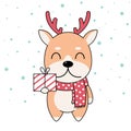 Cute Shiba Inu Dog in in winter scarf with gift box and Snow. Hello Winter, Happy New Year and Merry Christmas concept