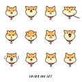 Cute shiba inu head emotions stickers big vector set.