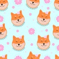 Cute shiba inu with sakura flowers seamless pattern. Japanese dog summer or spring background. Vector illustration