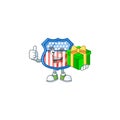 Cute shield badges USA character holding a gift box