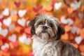 A cute shih tzu dog in front of a colorful paper hearts backdrop. Generative AI