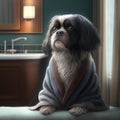 cute shih tzu dog wrapped in a blanket in the bathroom