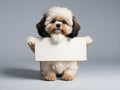 Cute shih tzu puppy holding blank sign on grey background