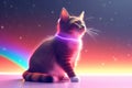 Cute shining neon coloured kitten wearing glowing collar on abstract space background. Generative AI