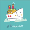 Cute ship cartoon vector, kids hand drawing