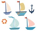 Cute ships, sailboat, yachts set. Boat drawing set. Small ships in cute flat design. Sea transport. Cartoon marine icons set for Royalty Free Stock Photo