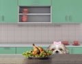 Cute shitzu dog is going to eat some chiken from the table. 3d render