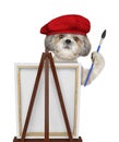 Cute shitzu dog is a painter artist. Isolated on white Royalty Free Stock Photo