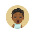 Cute shocked Afro American baby emoticon. Scared African child emoji. Afraid toddler smiley. Frightened facial expression avatar. Royalty Free Stock Photo