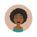 Cute shocked Afro American woman avatar. Scared African girl emoji. Frightened dark-skinned person facial expression.