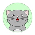 Cute Shocked Cat, Round Icon, Emoji. Gray Cat With Whiskers, With A Mouth Open From Shock, Round Eyes. Vector Image Isolated