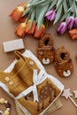 Cute shoes, teether, wooden toys and tulips. Set of baby stuff and accessories for boy on brow background. Royalty Free Stock Photo