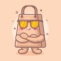 Cute shopping bag character mascot with cool expression isolated cartoon in flat style design