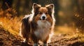 Cute short hairy white brown black Pembroke Welsh Corgi dog standing at the backyard garden ground and looks angry, blurry nature