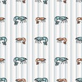 Cute shrimp cartoon seamless vector pattern. Hand drawn crustacean for marine life blog. Prawn arthropod all over print