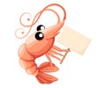 Cute shrimp holding sign. Cartoon animal character design. Swimming crustaceans. Flat  illustration isolated on white Royalty Free Stock Photo