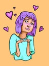 Cute shy asian girl in love, hand drawn. Teenager. Royalty Free Stock Photo