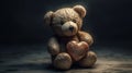 Cute shy vintage teddy bear, plush toy, sitting, holding heart, looking at camera, cartoon character. AI generated