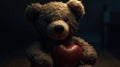 Cute shy vintage teddy bear, plush toy, sitting, holding heart, looking at camera, cartoon character. AI generated