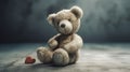 Cute shy vintage teddy bear, plush toy, sitting, holding heart, looking at camera, cartoon character. AI generated