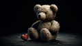 Cute shy vintage teddy bear, plush toy, sitting, holding heart, looking at camera, cartoon character. AI generated