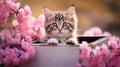 Cute Siberian kitten sitting in wooden box with pink flowers. Cat with spring flowers in pink box.