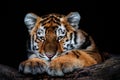 Cute siberian tiger cub on black background, Panthera tigris altaica Royalty Free Stock Photo