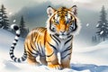 Cute Siberian tiger on snow in the winter time.