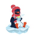 Cute sick penguin in funny hat and scarf.