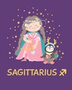 Cute sign zodiac poster flat. Vector illustration with astrological symbol Sagittarius, zodiac sign. Mystical symbol. Royalty Free Stock Photo