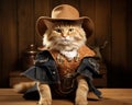 cute and silly cartoon cat dressed as a cowboy in the old West.