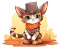 cute and silly cartoon cat dressed as a cowboy in the old West.