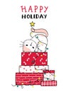 Cute silly cat on stack of Christmas present box doodle cartoon clip art, Happy Holiday, greeting card