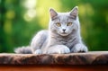 Cute silver gray laying on a wooden bench outdoors and looking at the camera