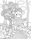 Cute simple children`s coloring book with bull, nature, tree and ornament.