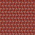 Cute simple floral pattern of small white flowers and orange Ã¢â¬â blue leaves isolated on a dark red background Royalty Free Stock Photo