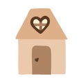 Cute simple house with heart shaped loft window and heart shaped doorknob. Symbol of home, family, cozy evenings. Stylized clipart