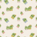Cute simple naive seamless pattern with funny cactus: girl with bow and boy with hat on polka dots background.For decoration of