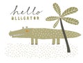 Cute Simple Nursery Vector Illustration with Hand Drawn Green Alligator. Royalty Free Stock Photo