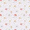 Cute simple seamless pattern in pastel colors with multi-colored polka dots and umbrellas.Vector.The print for the manufacture of