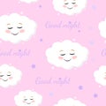 Cute Simple Seamless Patterns with White Fluffy Smiling Clouds on a Light Pink Background Royalty Free Stock Photo